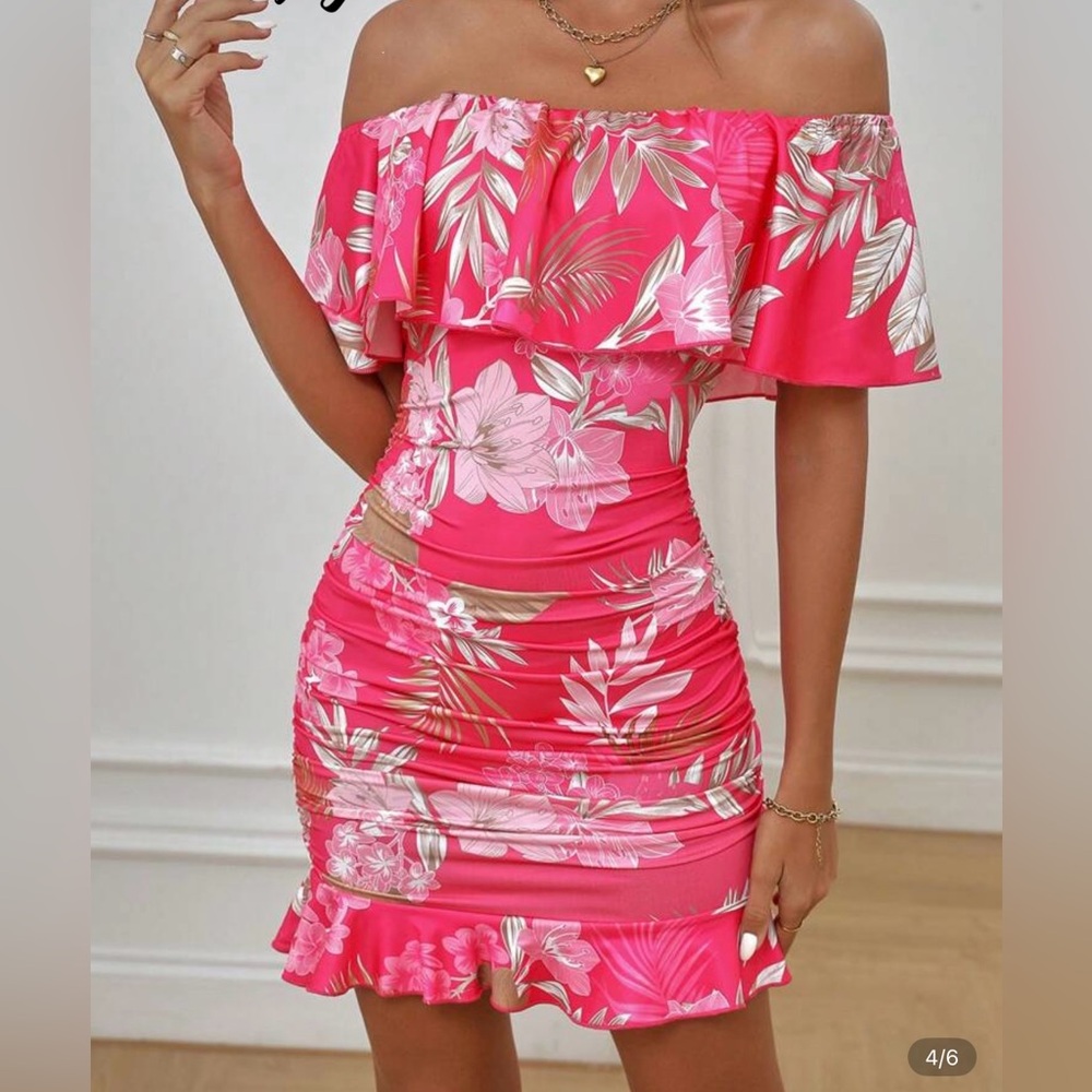 SHEIN Pink and White fitted off the shoulders dress